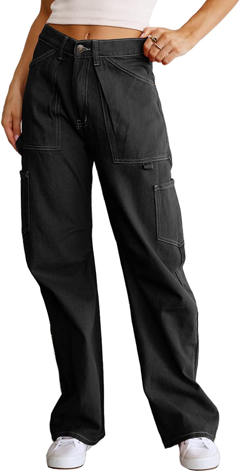 Dokotoo Women 6 Pockets High Waisted Cargo Pants Wide Leg Casual Pants  Combat Mi