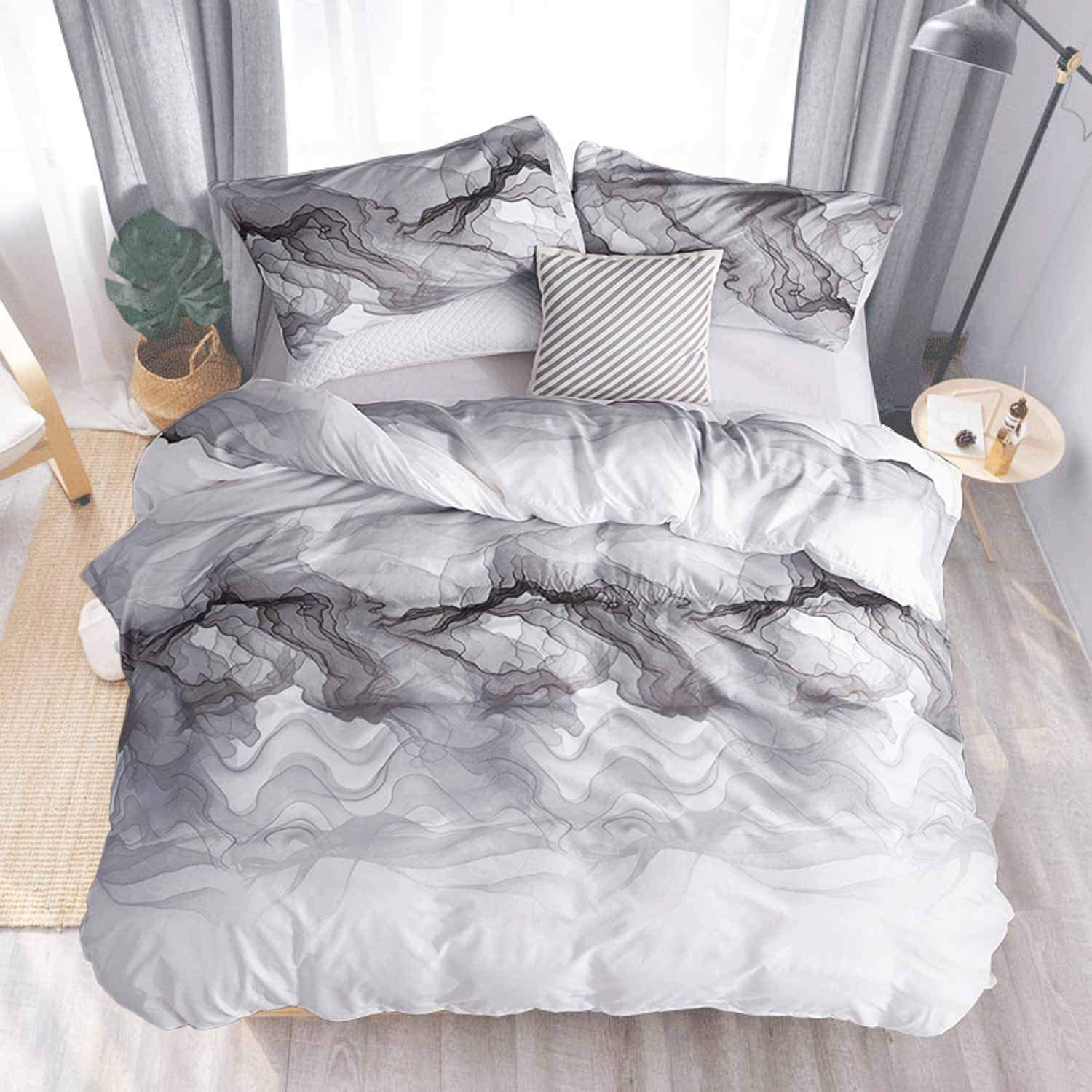 NANKO Queen Bedding Duvet Cover Set White and Black Marble Printed 3 Piece  - 100