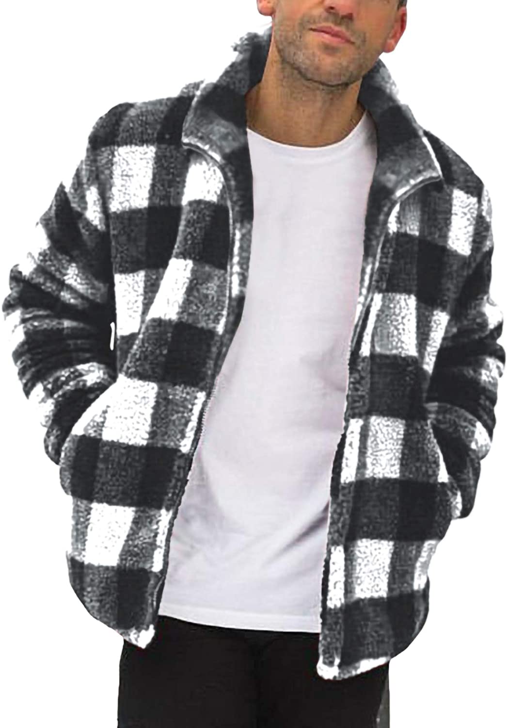 Mens Fuzzy Sherpa Jacket Cardigan Fleece Long Sleeve Full Zip Open