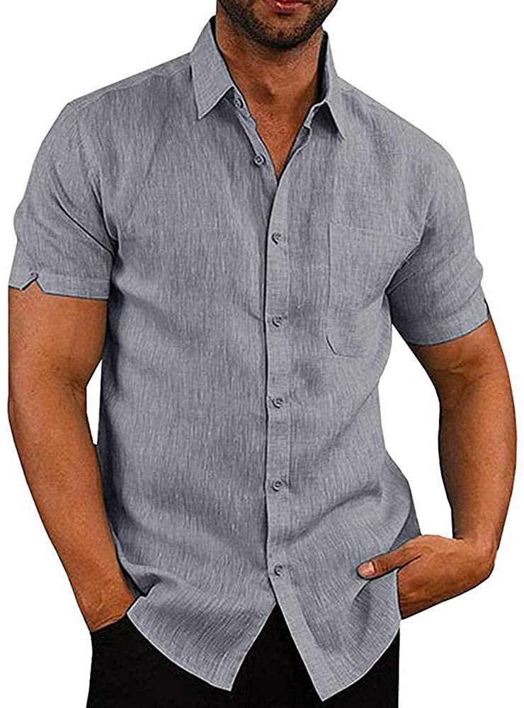JEKAOYI Button Down Short Sleeve Linen Shirt for Men Summer Casual Cotton Spread Collar Tops