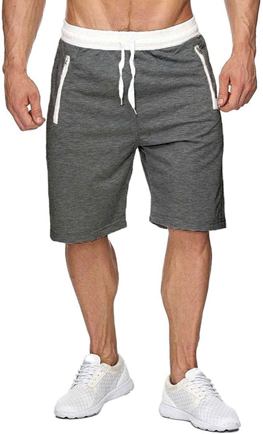 Hidyliu Mens Elastic Waist Drawstring Workout Sweat Shorts Summer Joggers Short Pants with Zipper Pockets