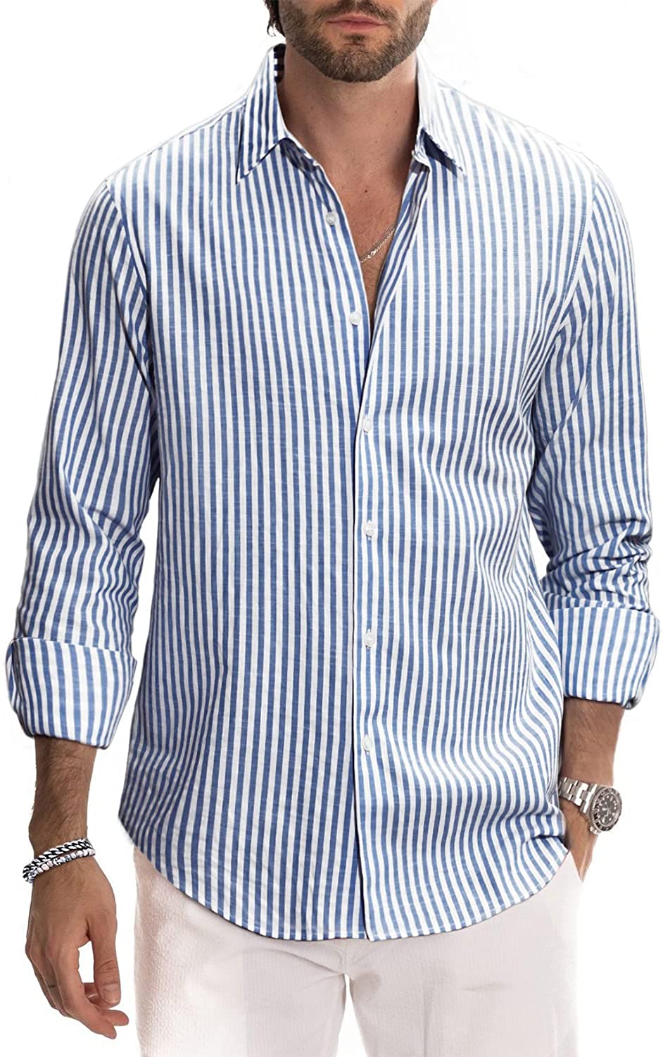 JMIERR Men's Casual Stylish Short Sleeve Button-Up Striped Dress Shirts Cotton Shirt