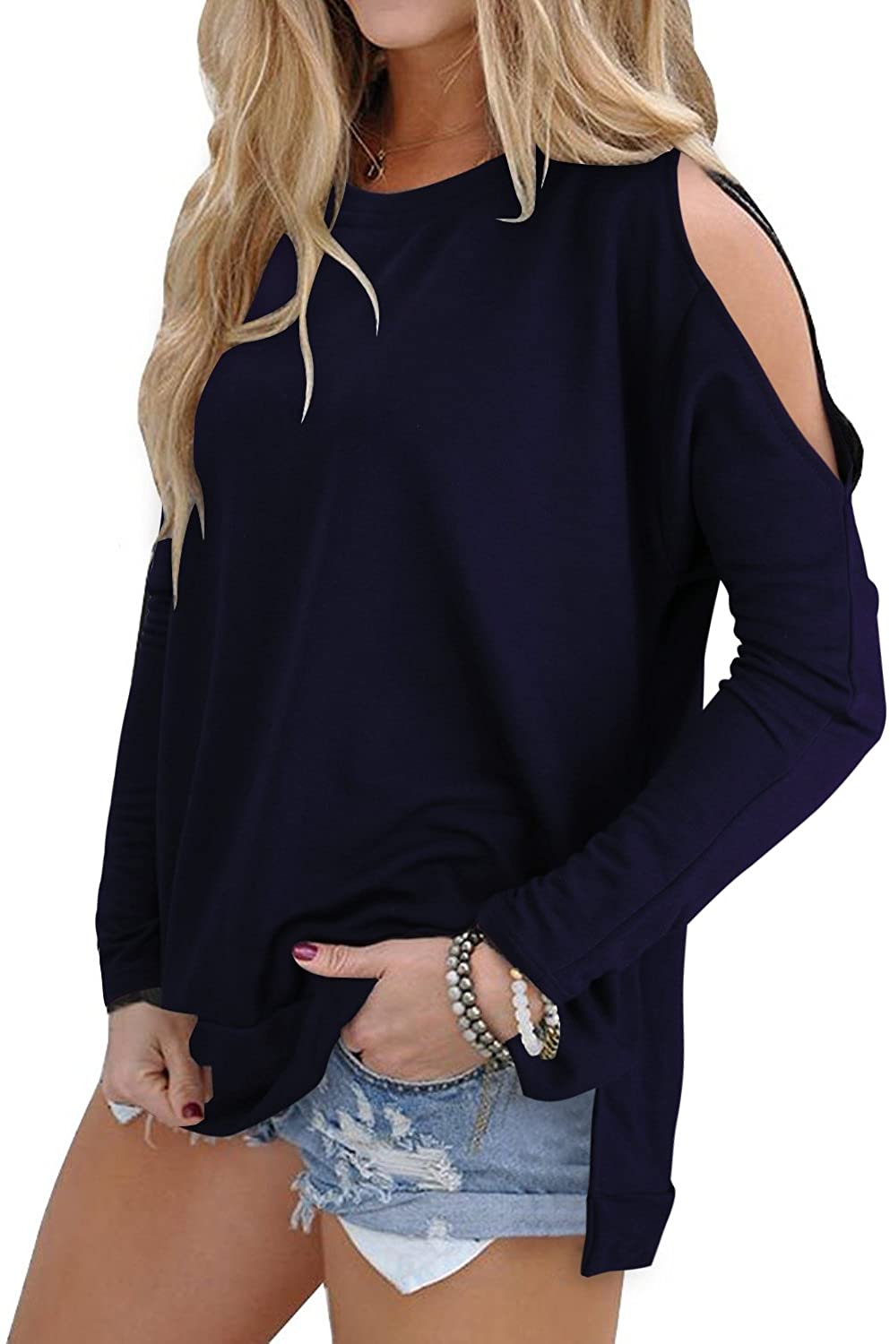 OUGES Women's Cutout Cold Shoulder Long Sleeve T-Shirt Tunic Tops | eBay