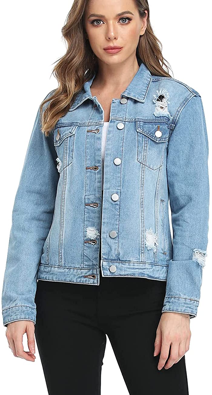 Dilgul Womens Ripped Distressed Casual Long Sleeve Basic Button Down Denim Jean Jacket