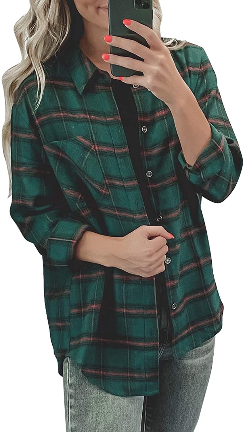 Dokotoo Womens Classic Plaid Color Block Button Down Boyfriend Long Sleeve Shirts Blouses Tops