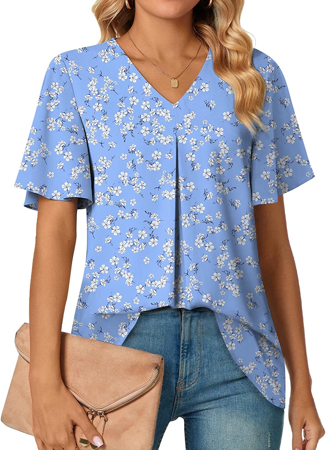 Entyinea Womens Summer Tops Ruffle Short Sleeve Blouses V Neck Solid Color  Tops Shirts Blue XXL