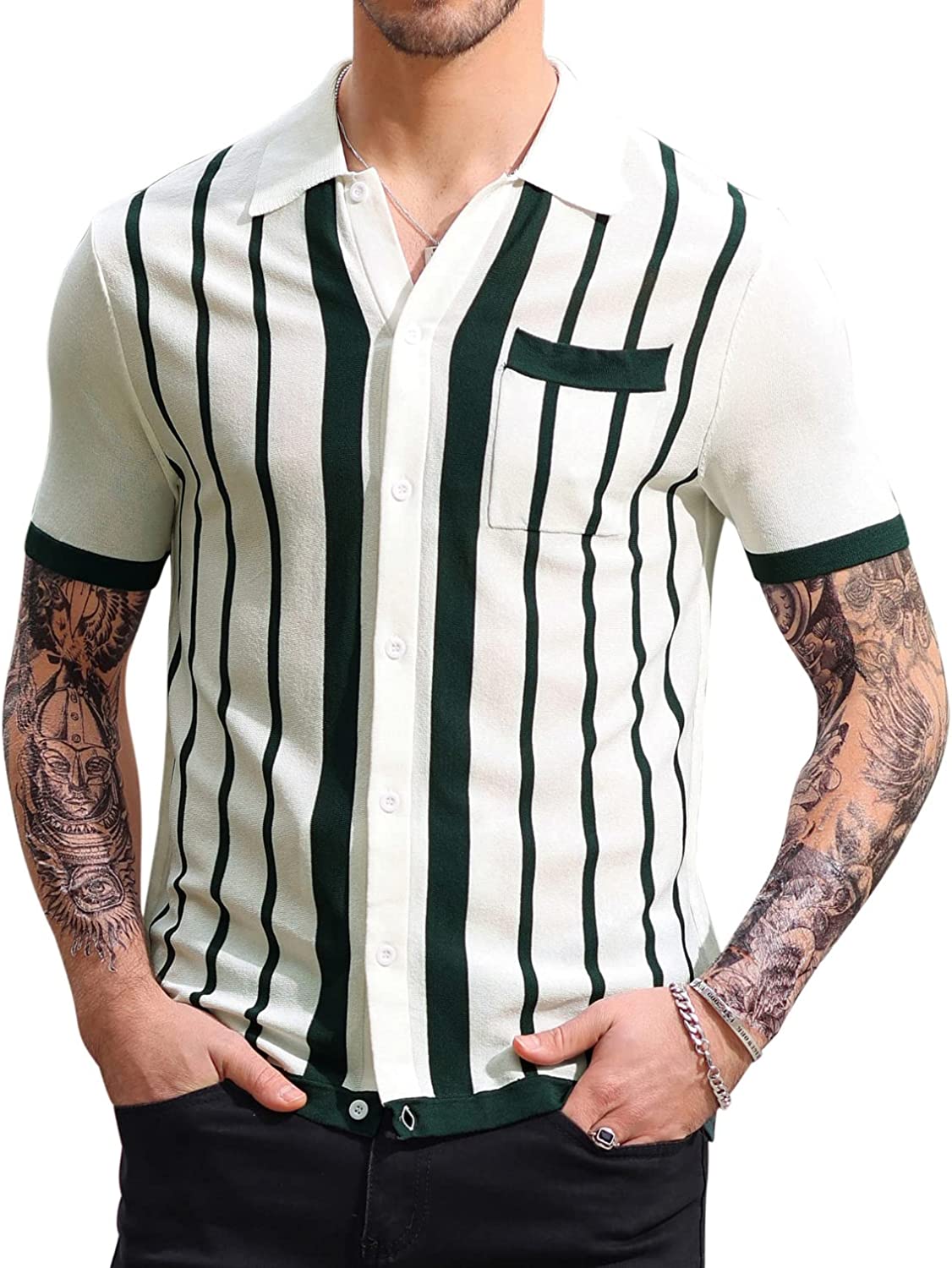 Mens Vintage Striped Knit Polo Shirts Short Sleeve Button Front Polo Sweater