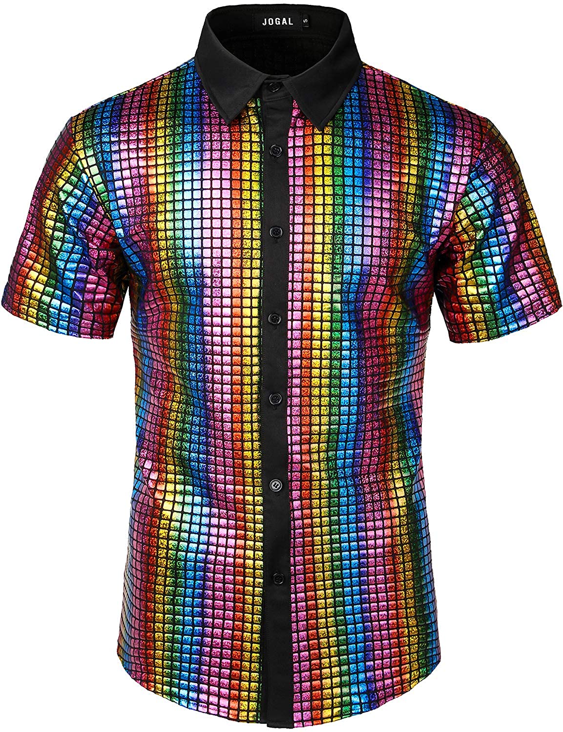 JOGAL Mens Dress Shirt Silver Sequins Long Sleeve Button Down 70s Disco Shirt Party Costume 