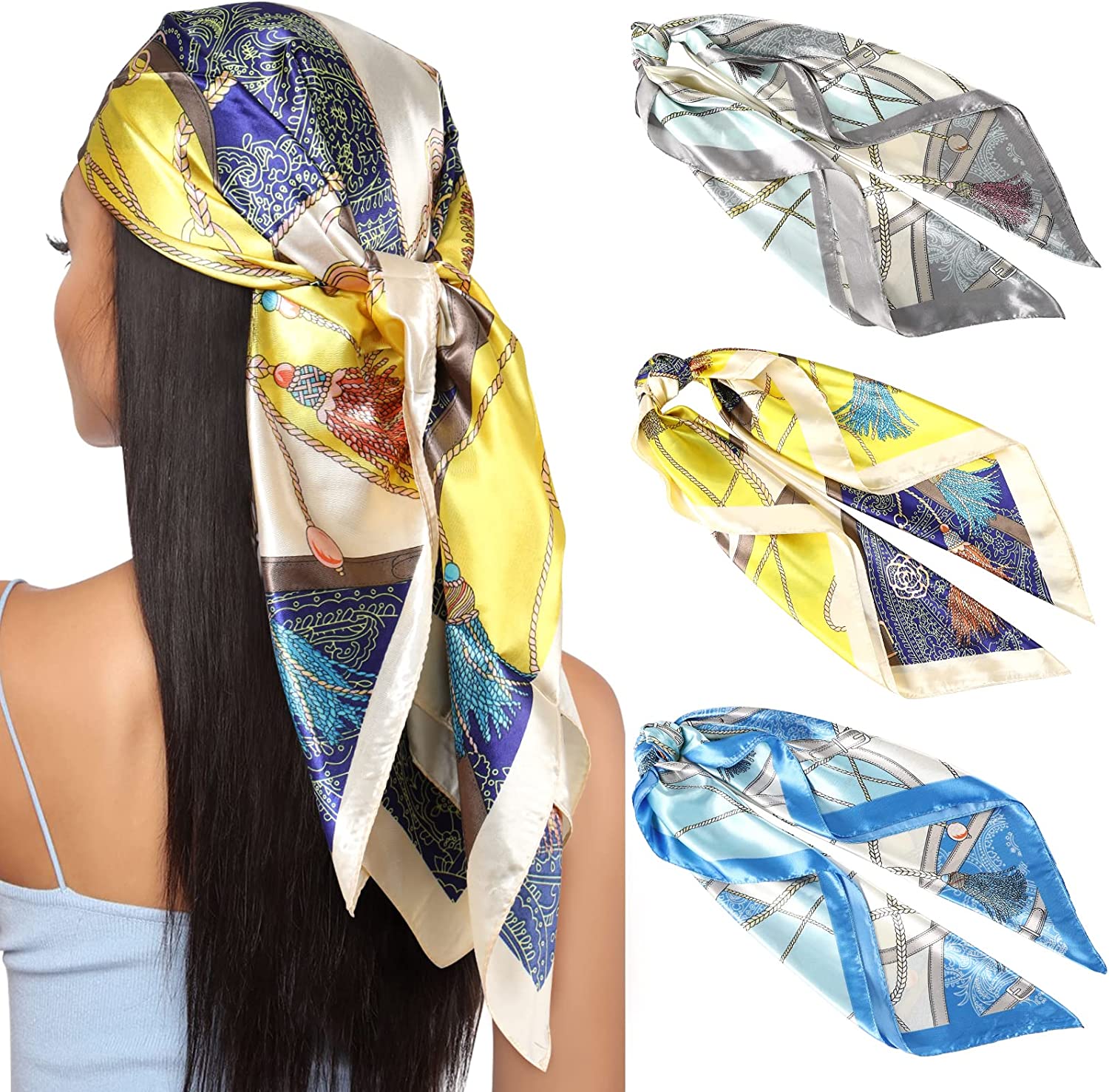 35” Large Square Satin Head Scarf - 3Pcs Satin Hair Scarves Silk Bandana  Scarf B