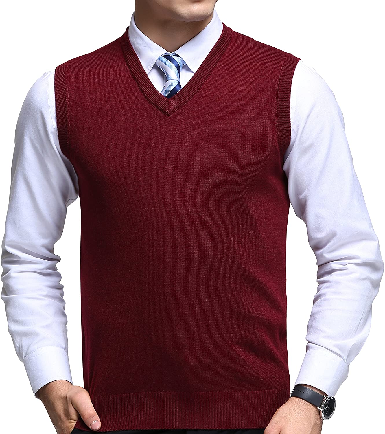 FULIER Mens V-Neck Sleeveless Vest Classic Business Gentleman Knitwear Knitted Waistcoat Sweater Cardigans Tank Tops