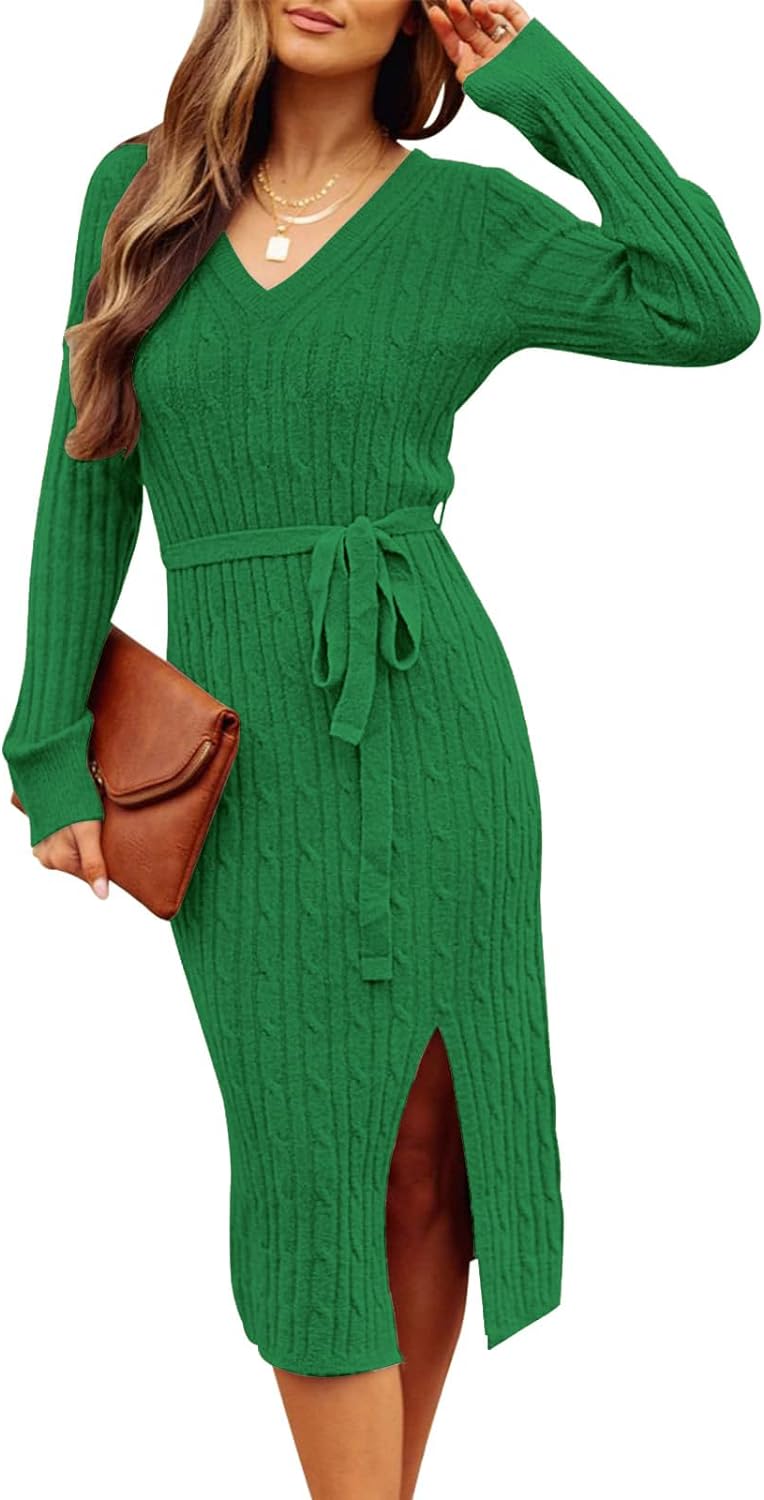 MEROKEETY Women's V Neck Cable Knit Sweater Dress Long Sleeve Bodycon Slit  Pullover Midi Dress with Belt : : Clothing, Shoes & Accessories