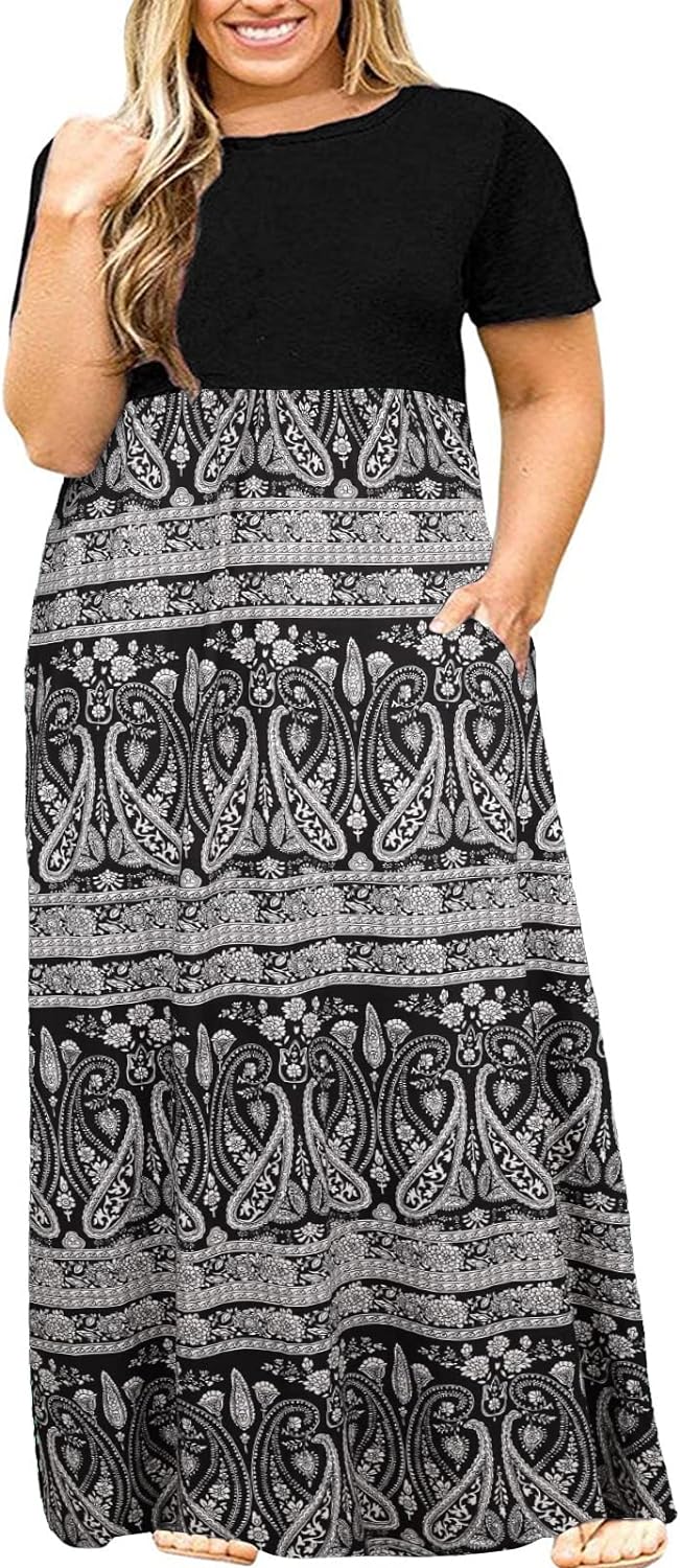 Kancystore Women's Short Sleeve Plus Size Maxi Dress with Pockets Loose  Casual Summer Dresses (XL, A Black Striped) at  Women's Clothing store