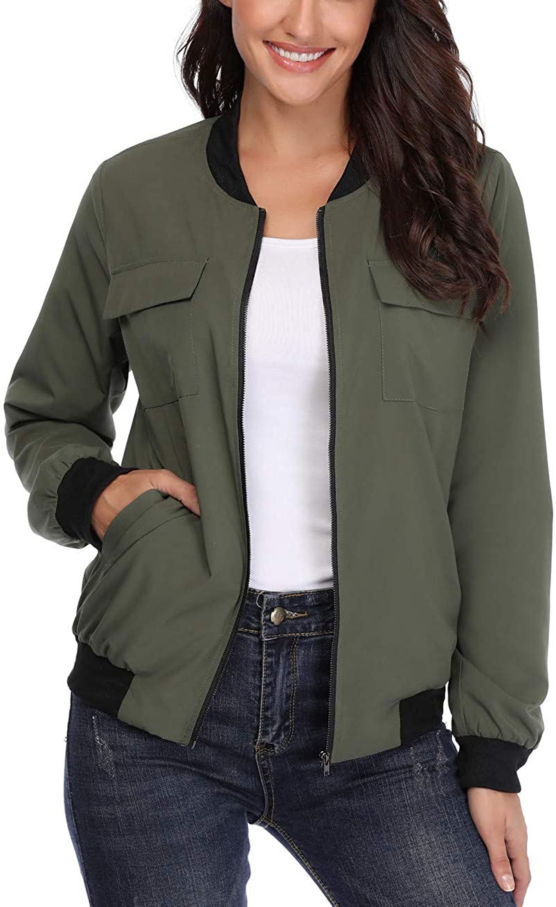 MISS MOLY Womens Lightweight Jackets Zip Up Coat Rib Collar Multi-Pockets Windbreaker Bomber Jacket Outwear