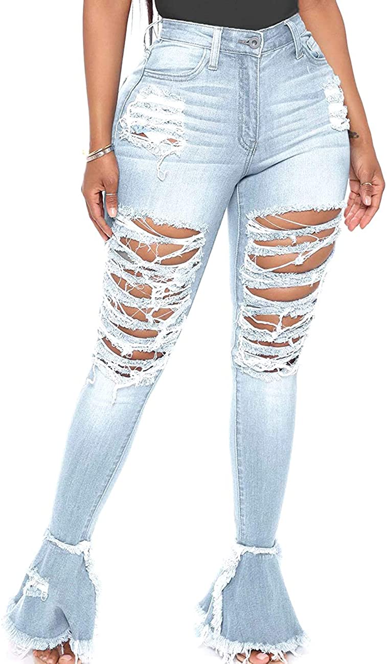 AITEQY Womens Bell Bottom Distressed Ripped Jeans Petite High Waisted  Flared Denim Pants Destroyed Raw Hem Jeans with Hole at  Women's  Jeans