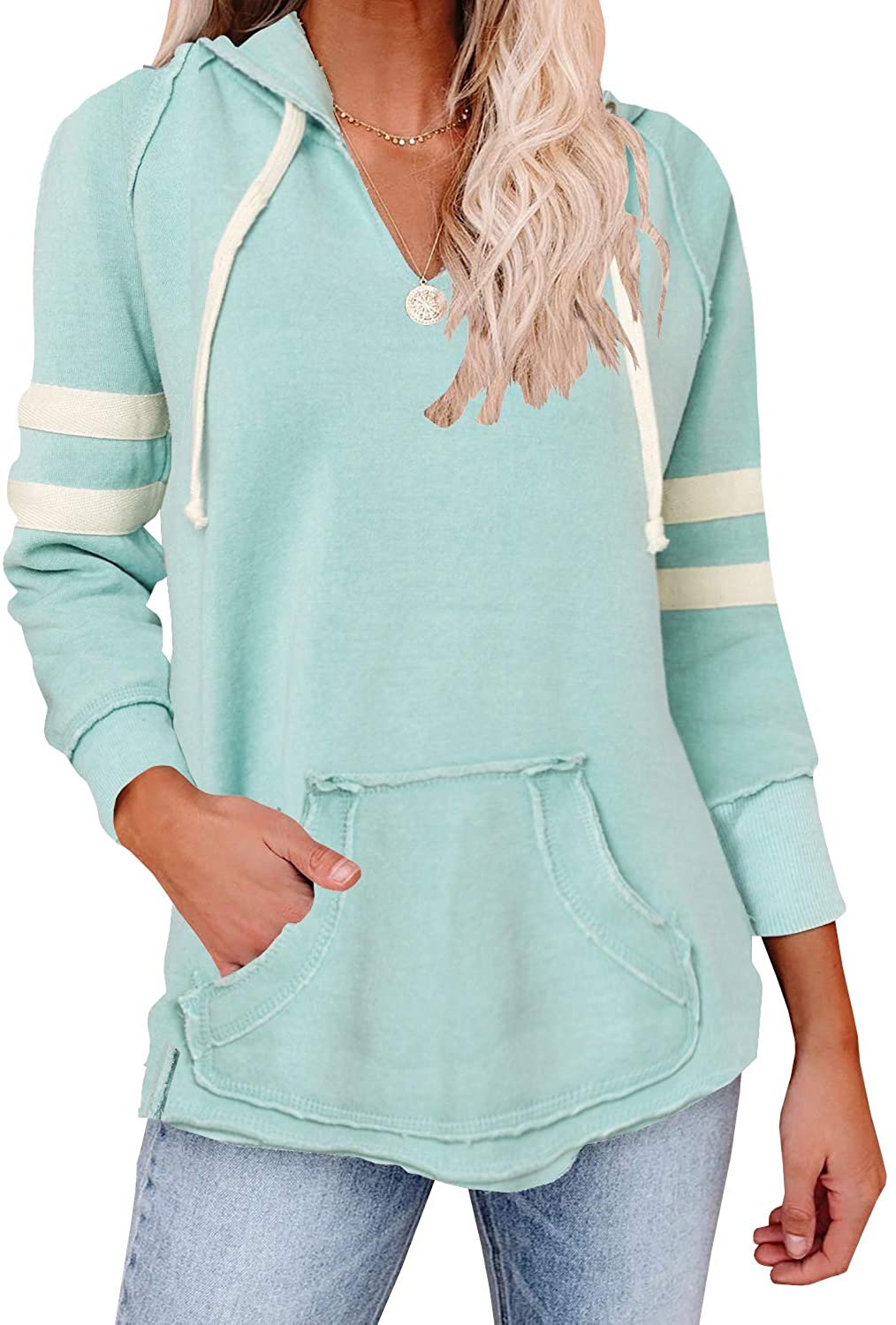Cyanstyle Womens Long Sleeve V Neck Hoodie Sporty Pullover Striped Sweatshirt with Pocket 