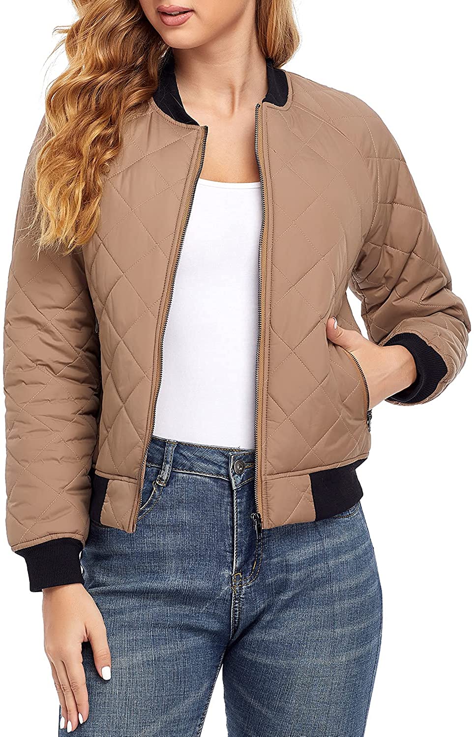 andy & natalie Womens Casual Jacket Quilted Lightweight Long Sleeve Zip up Raglan Bomber Jacket with Pockets 