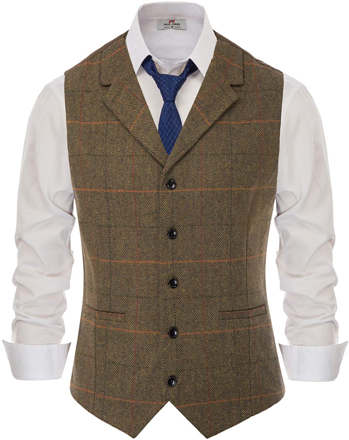 PAUL JONES Mens Herringbone Tweed Waistcoat Tailored Collar Slim Fit Suit Vest 