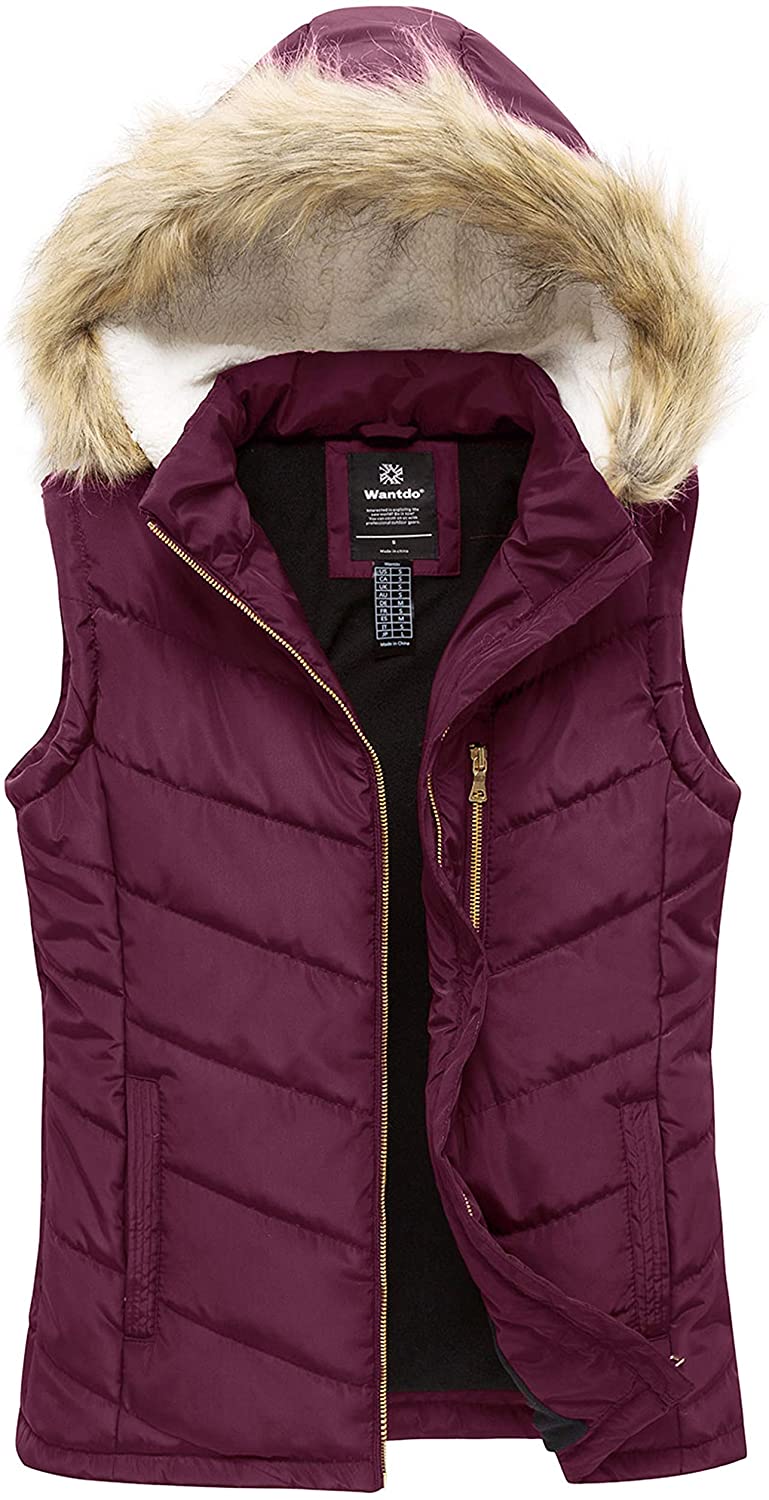 Wantdo Women's Thicken Winter Vest Quilted Warm Puffer Vest with Removable  Fur H