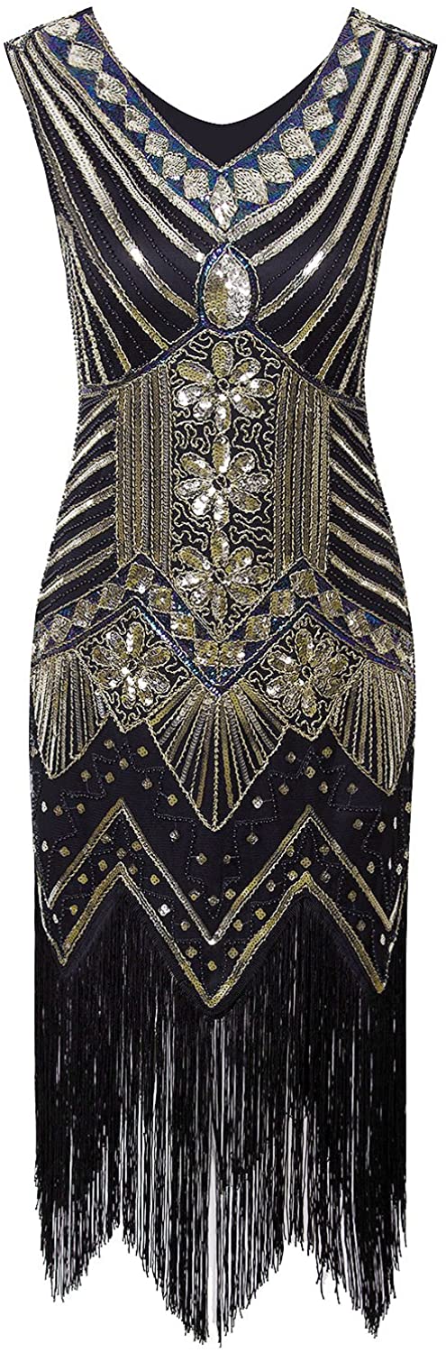Vijiv Women 1920s Gastby Sequin Art Nouveau Embellished Fringed Flapper Dress 