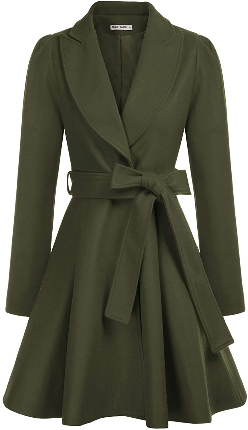 Women's Notch Lapel Coat Long Sleeve a Line Pea Coat with Self Tie Belt