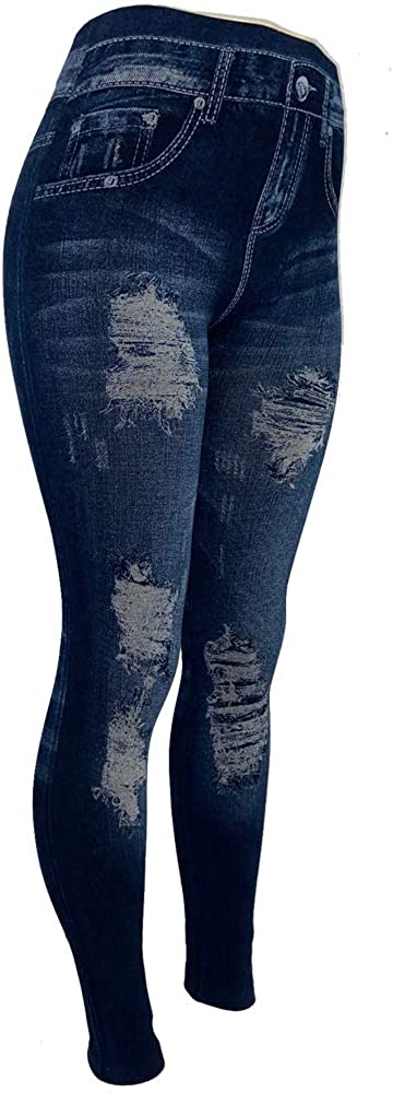 CLOYA Women's Denim Print Fake Jeans Seamless Fleece Lined
