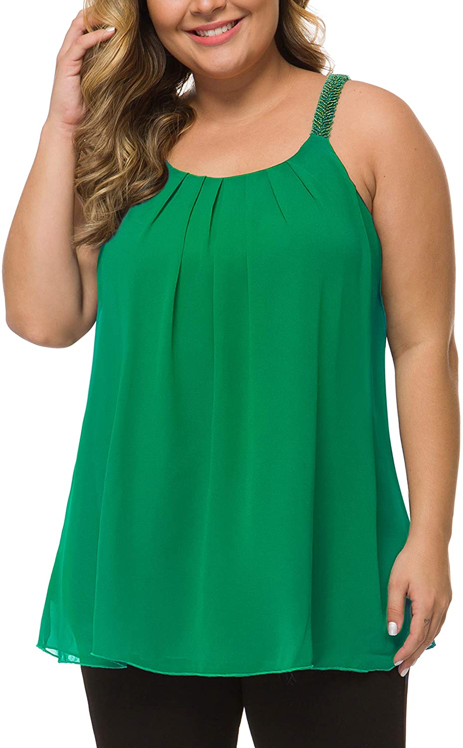 MANER Women's Plus Size Cami Casual Pleated Chiffon Tank Top with Beaded Strap