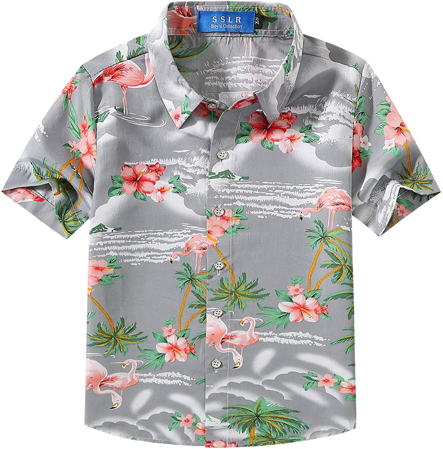 SSLR Big Boys Pink Flamingos Button Down Casual Short Sleeve Hawaiian Shirt