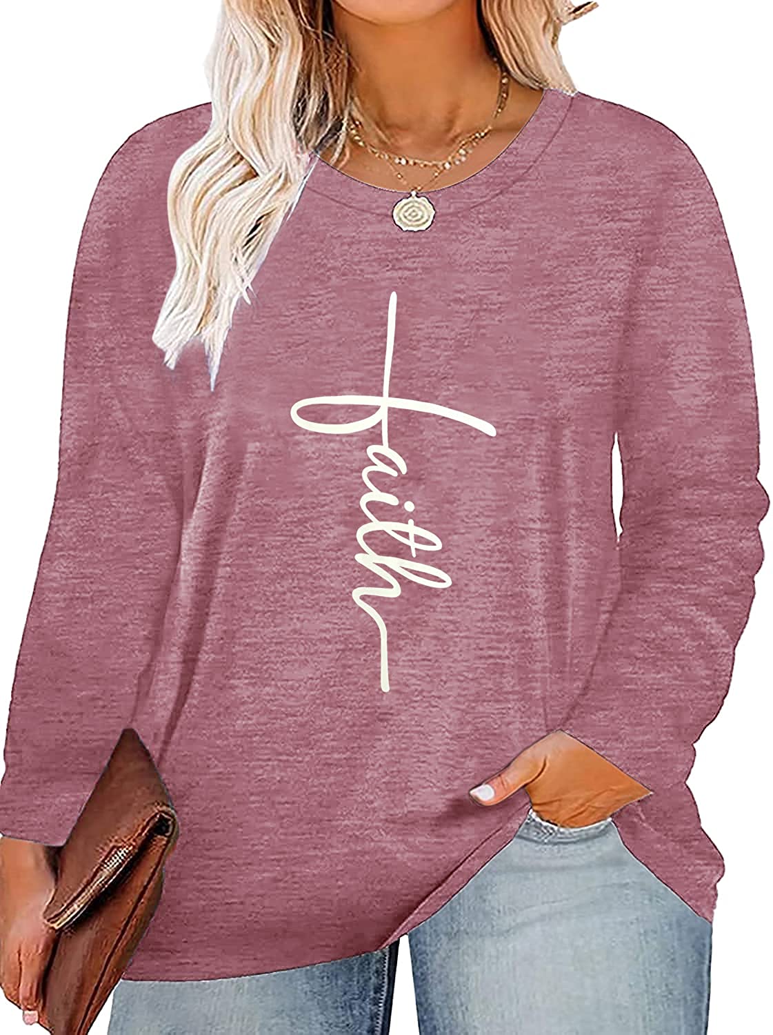 HDLTE Plus Size Faith Shirt Women Long Sleeve Graphic Tee Casual  Sweatshirts with Pocket 1X - 5X