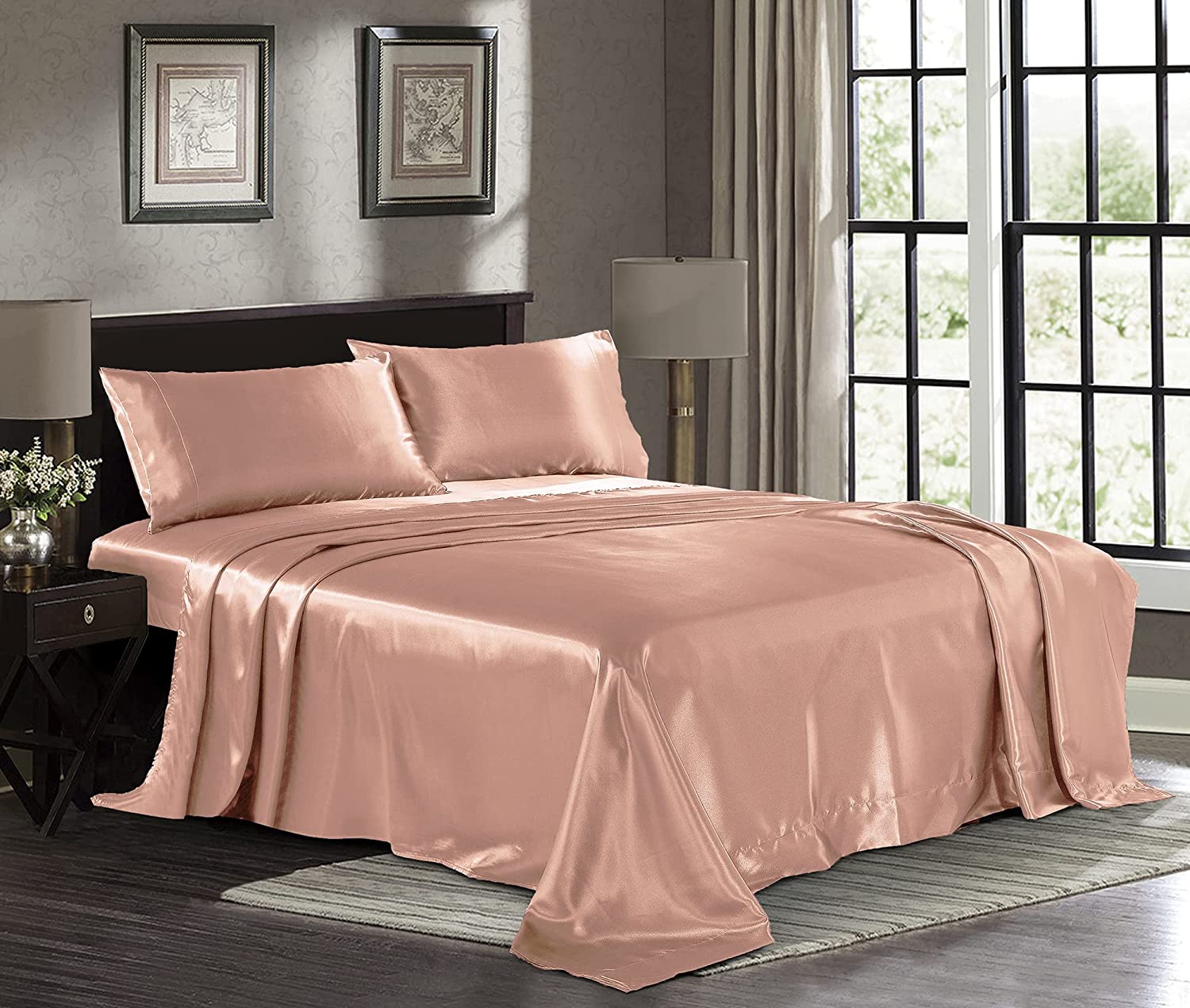 Great Choice Products Silk Satin Blush Pink Twin Fitted Sheet, Deep Pocket Fitted Sheet Only, Breathable, Non- Fading, Fully Elasticized Bed S
