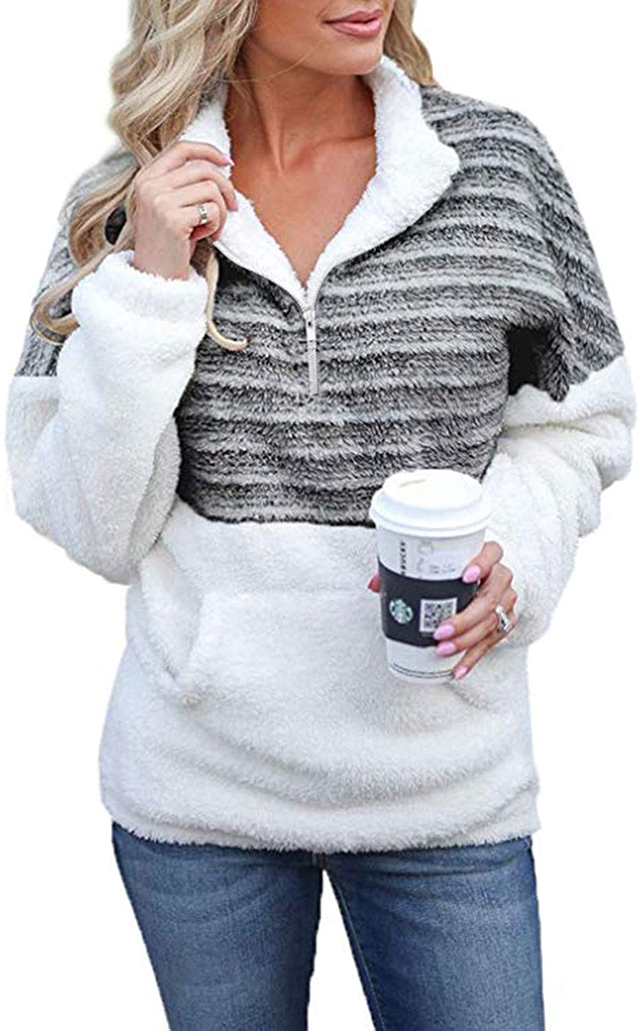 Les umes Womens Long Sleeve Fleece Pullover Sweater Casual Striped/Solid Sherpa Sweatshirt with Pockets