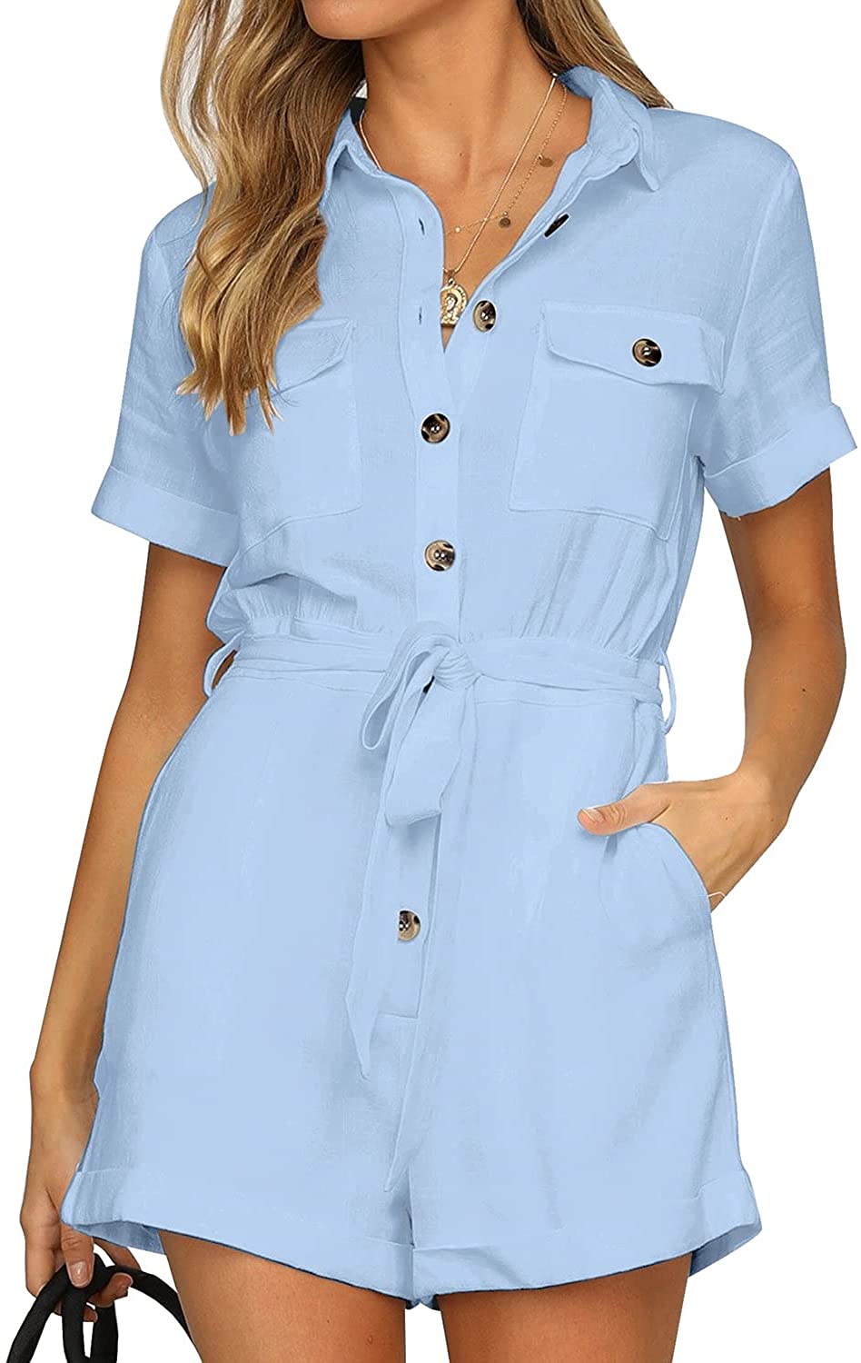 SHIPE Women Button Down Sleeveless Rompers V Neck Short Jumpsuit Rompers Playsuit with Pockets 