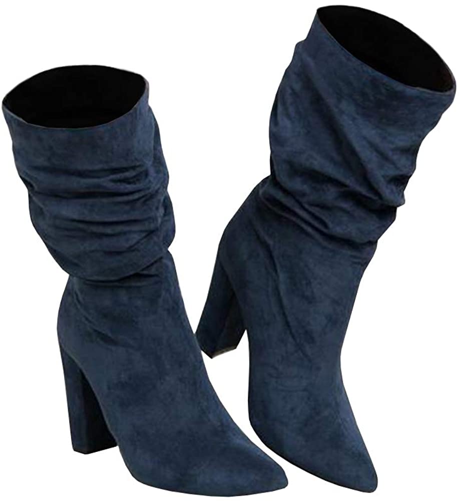 Mofri Womens Dressy Bow Pointed Toe Medium Block Heel Slouchy Pull on Mid Calf Boots 