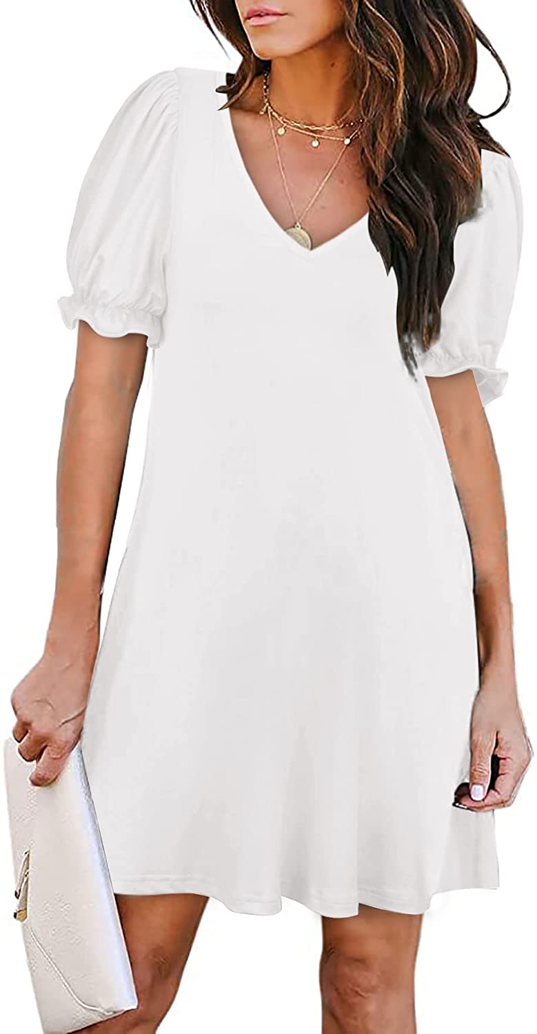 Aloodor Women's Casual Dresses Short Sleeve V-Neck Dress with Pockets ...