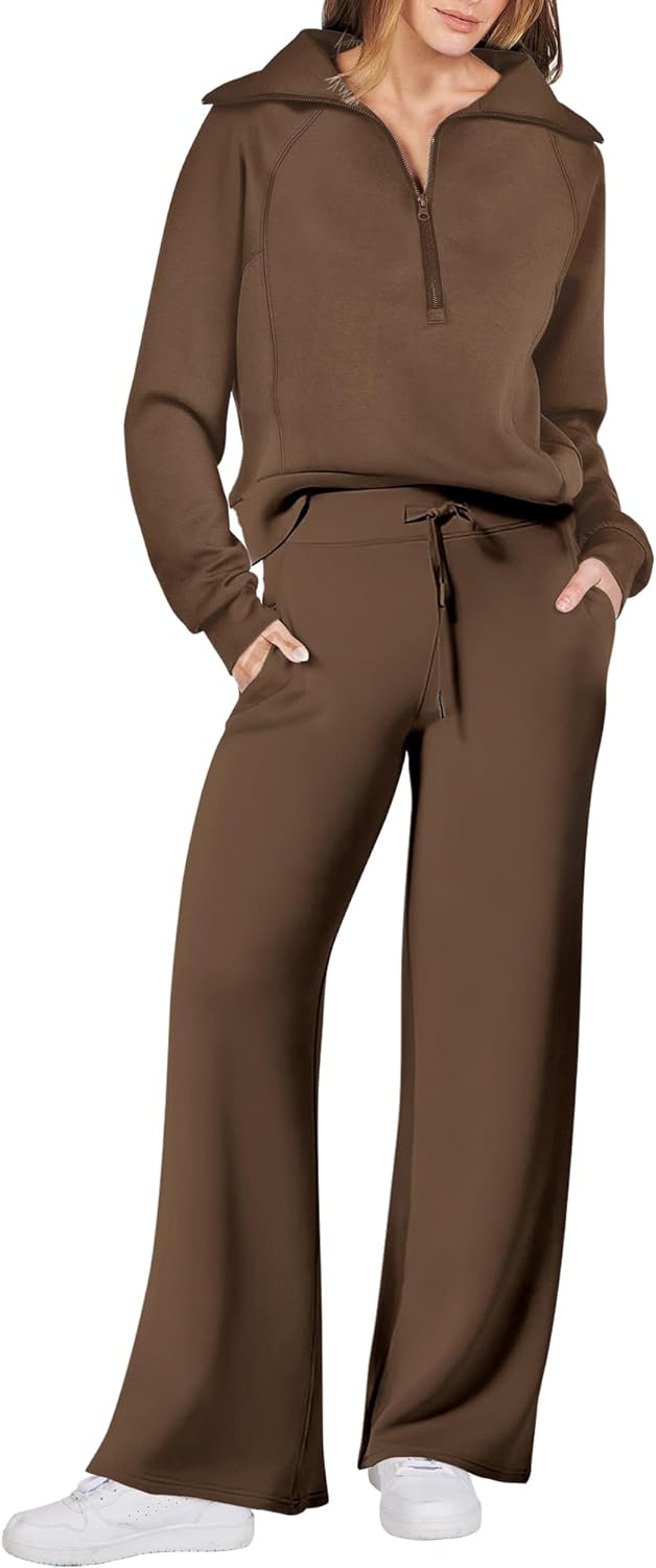 2 Piece Outfits for Women Sweatsuit Set 2024 Fall Oversized Half Zip  Sweatshirt Wide Leg Sweatpant Lounge Tracksuit