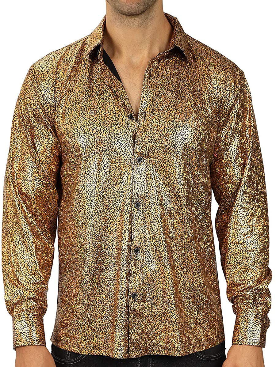 WULFUL Men's Luxury Disco Party Prom Paisley Gold Shiny Long Sleeve Dress Shirts Button Down Shirts 