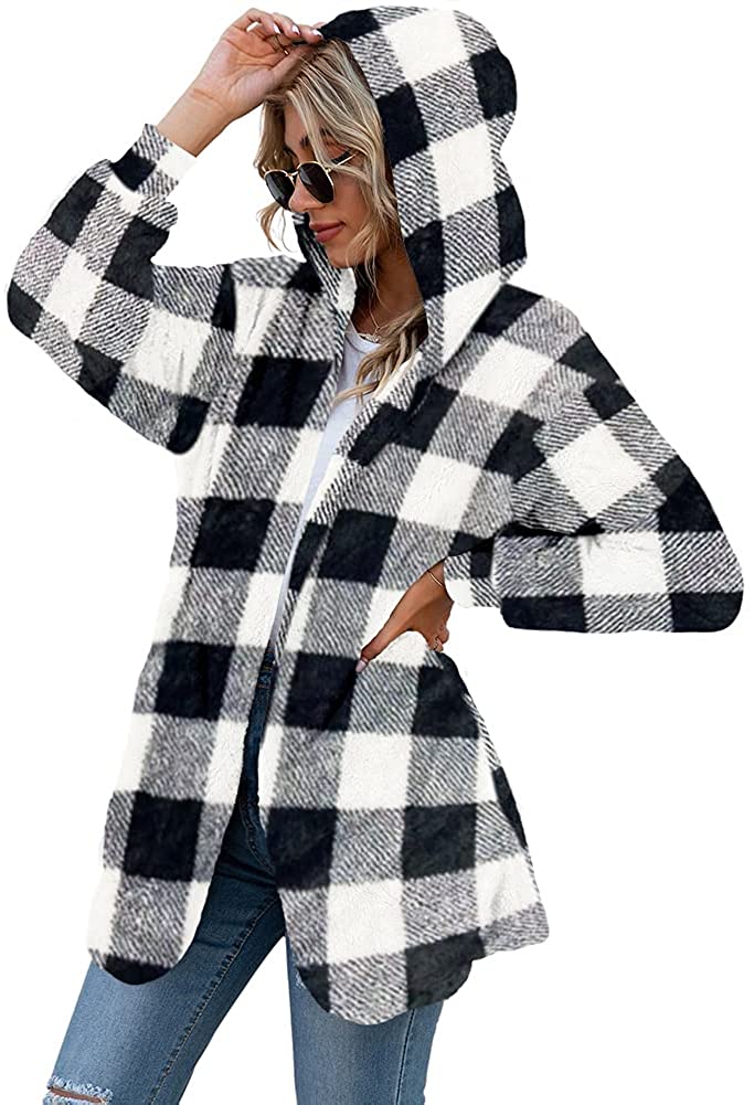 LONGYUAN Women's Fleece Jacket Fuzzy Hooded Cardigan 2021 Winter Sweaters Coat with Pokets