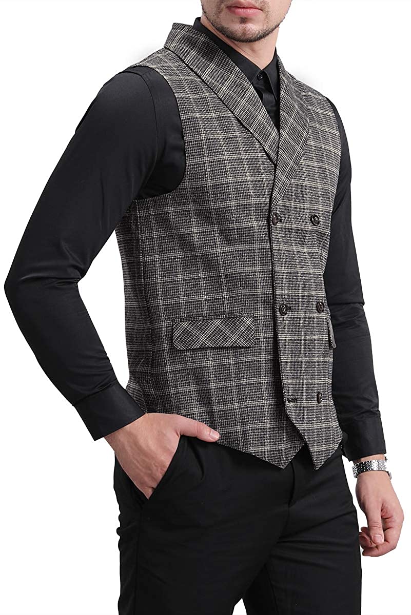 Men's Plaid Tweed Suit Vest Double-Breasted Casual Waistcoat Shawl ...