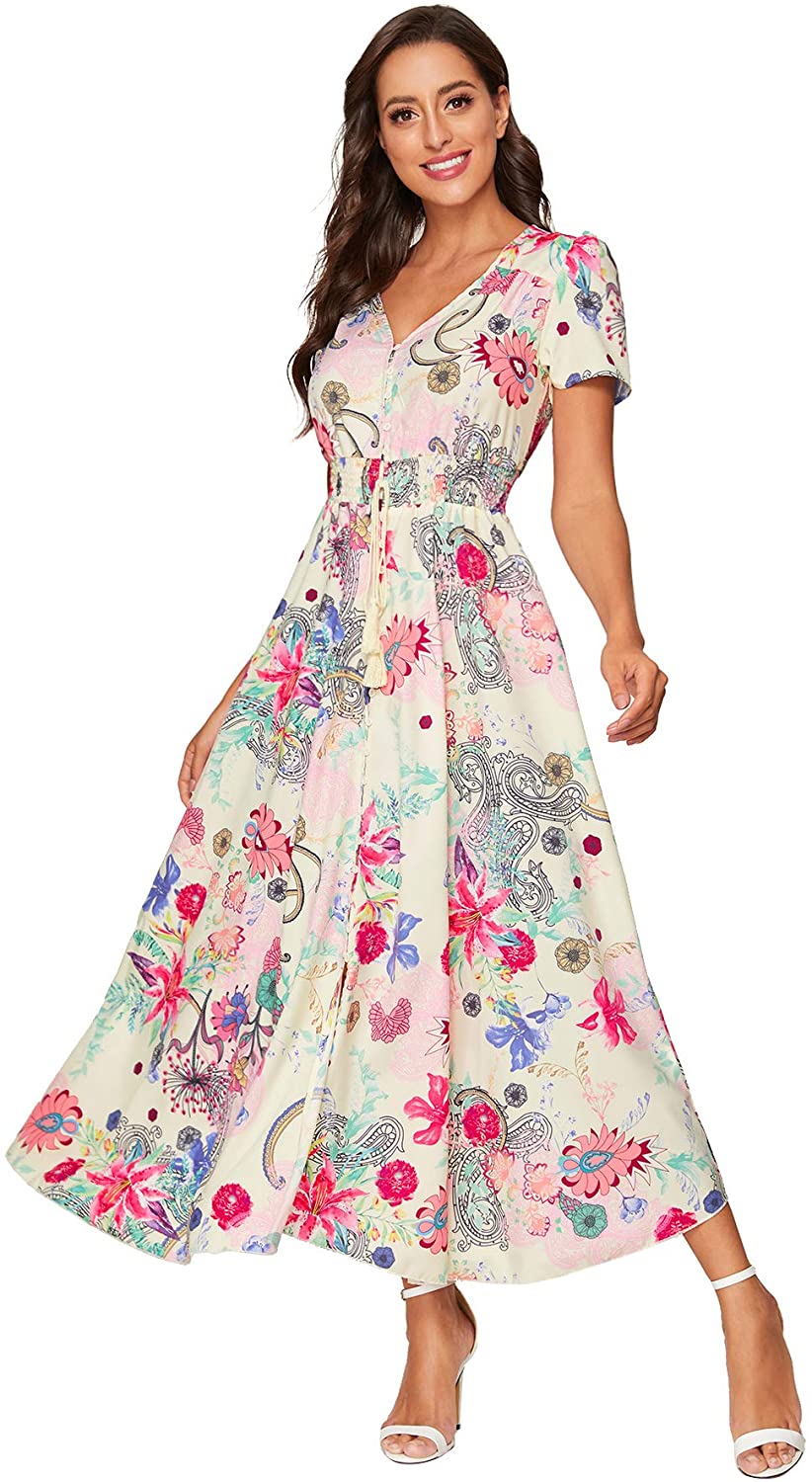 Milumia Women Floral Print Button Up Split Flowy Party Maxi Dress | eBay