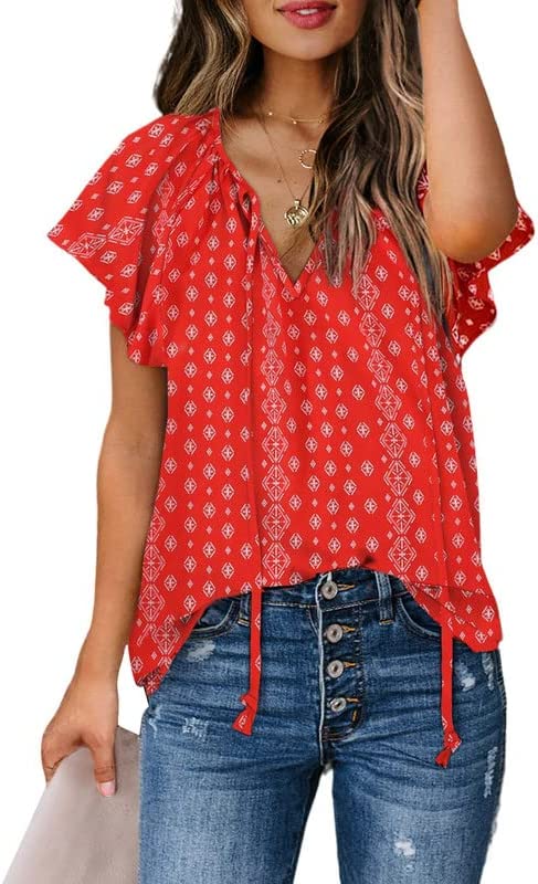 SHEWIN Women's Casual Boho Floral Print V Neck Long Sleeve Drawstring Tops  Loose Blouses Button Down Shirts