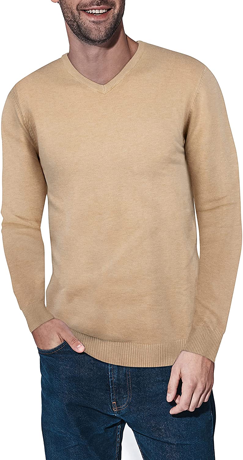 Beige Slim Fit V-Neck Sweater for Men by