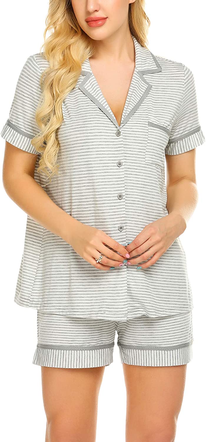 S-XXL Ekouaer Pajamas Soft Vertical Striped Women's Short Sleeve Button Sleepwear Shorts Shirt Leopard Lemon Printed PJ Set 