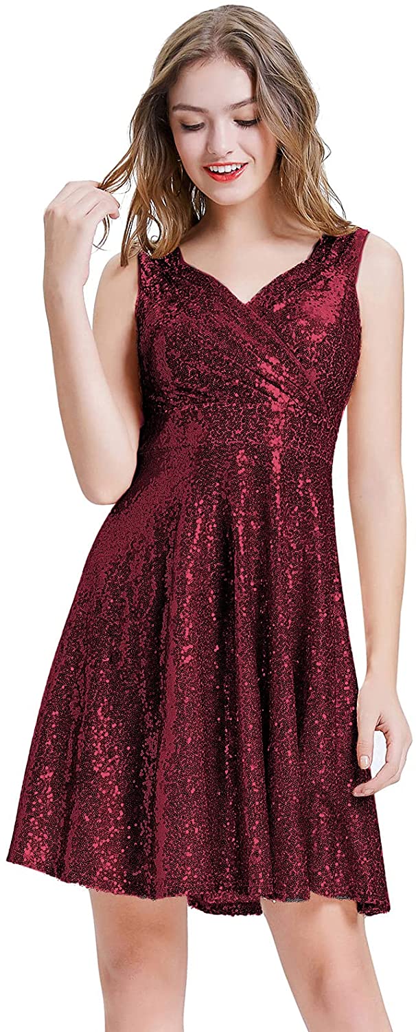 GRACE KARIN Women's Sequin Glitter V-Neck Party Dress Winter Velvet A-Line  Dress