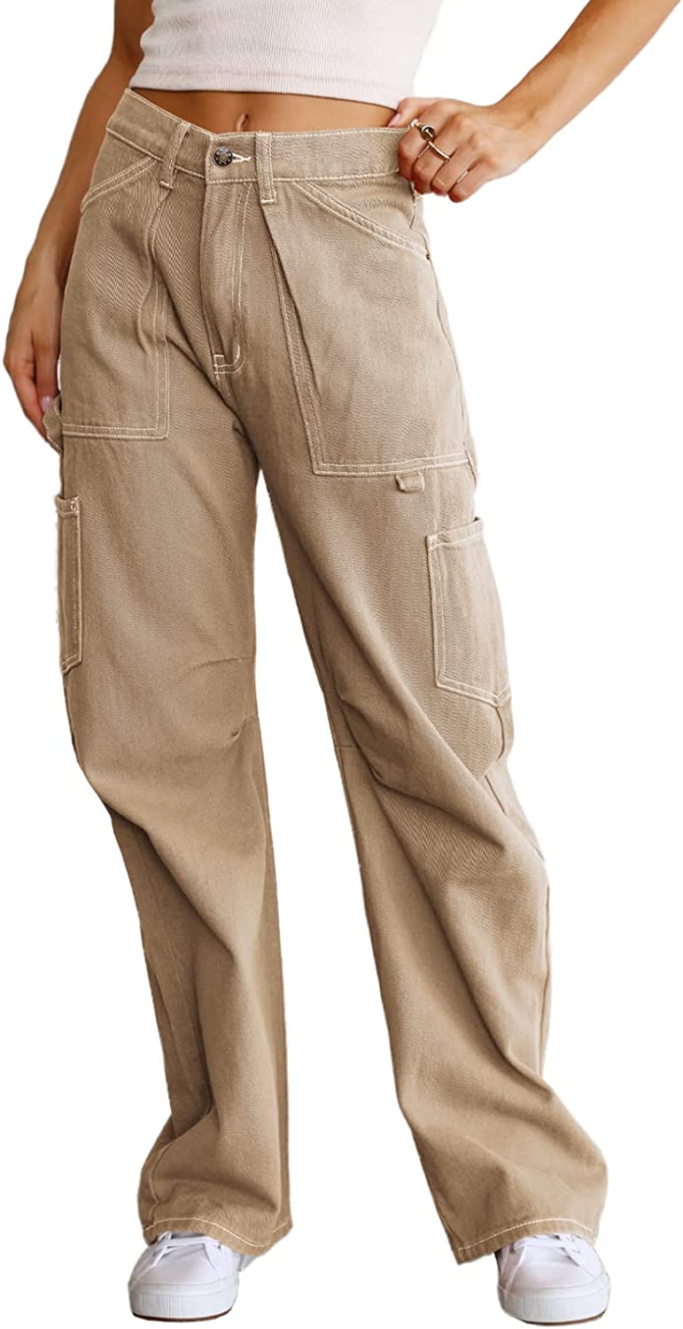 Dokotoo Women 6 Pockets High Waisted Cargo Pants Wide Leg Casual Pants  Combat Mi