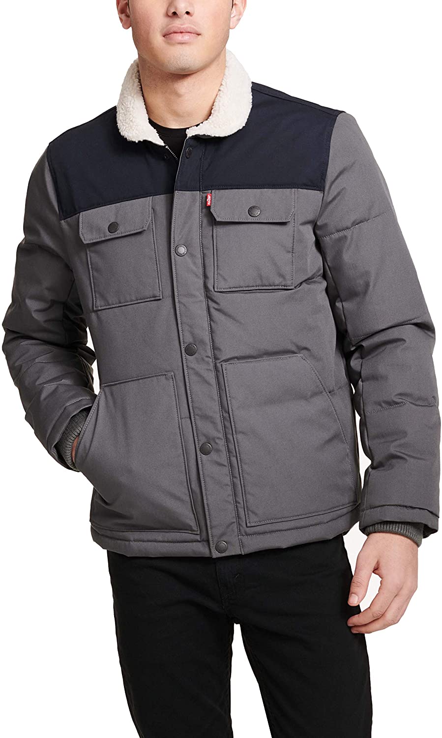 levi's men's quilted mixed media shirttail workwear puffer jacket