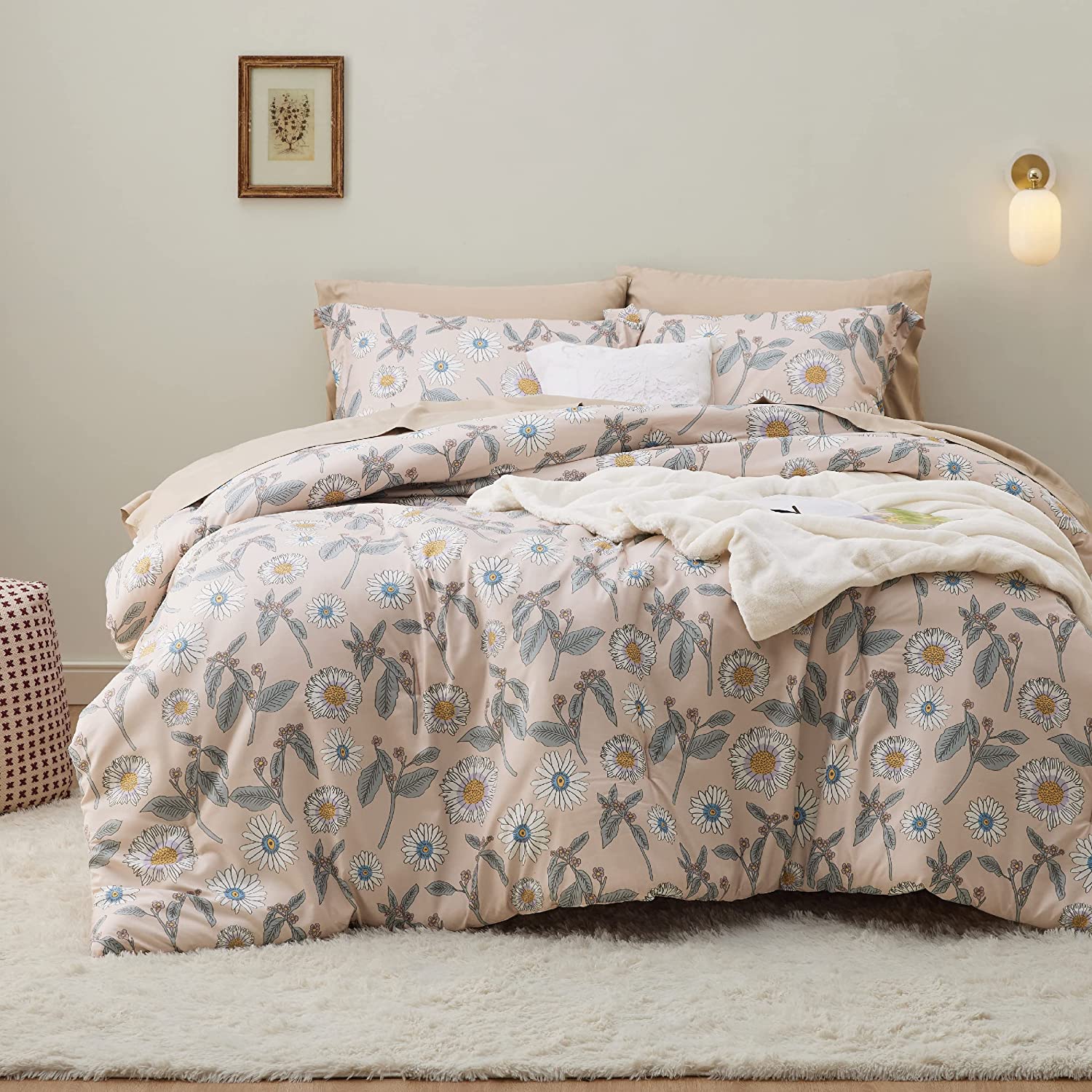 Bedsure Queen Comforter Set - Sage Green Comforter, Cute Floral Bedding  Comforte