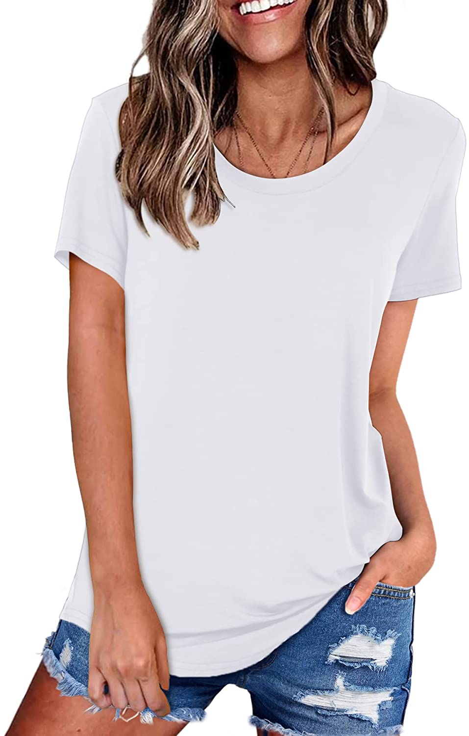 Amoretu Womens Scoop Neck Short Sleeve Tee Tops Cotton T-Shirts for Summer