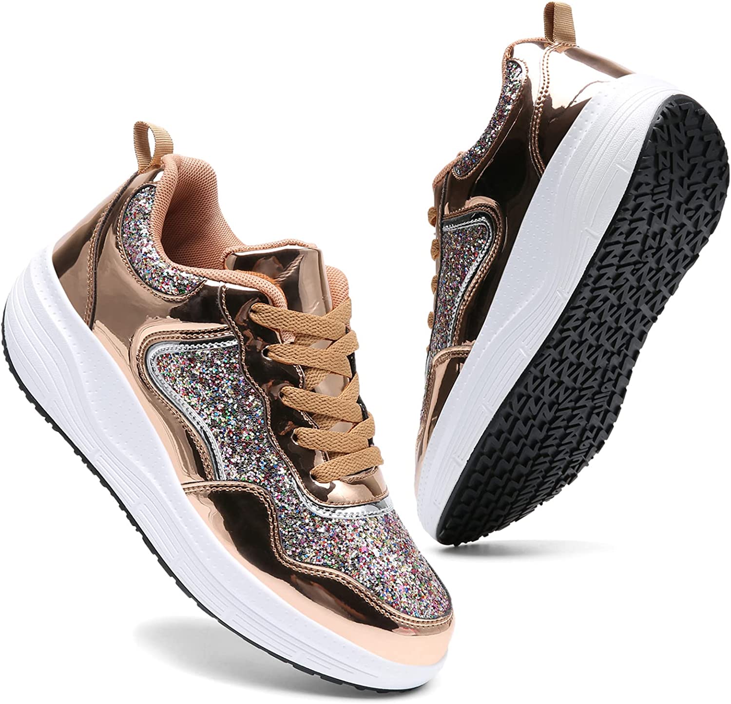 DADAWEN Women's Glitter Platform Wedge Athletic Tennis Walking Shoes  Sparkly Seq