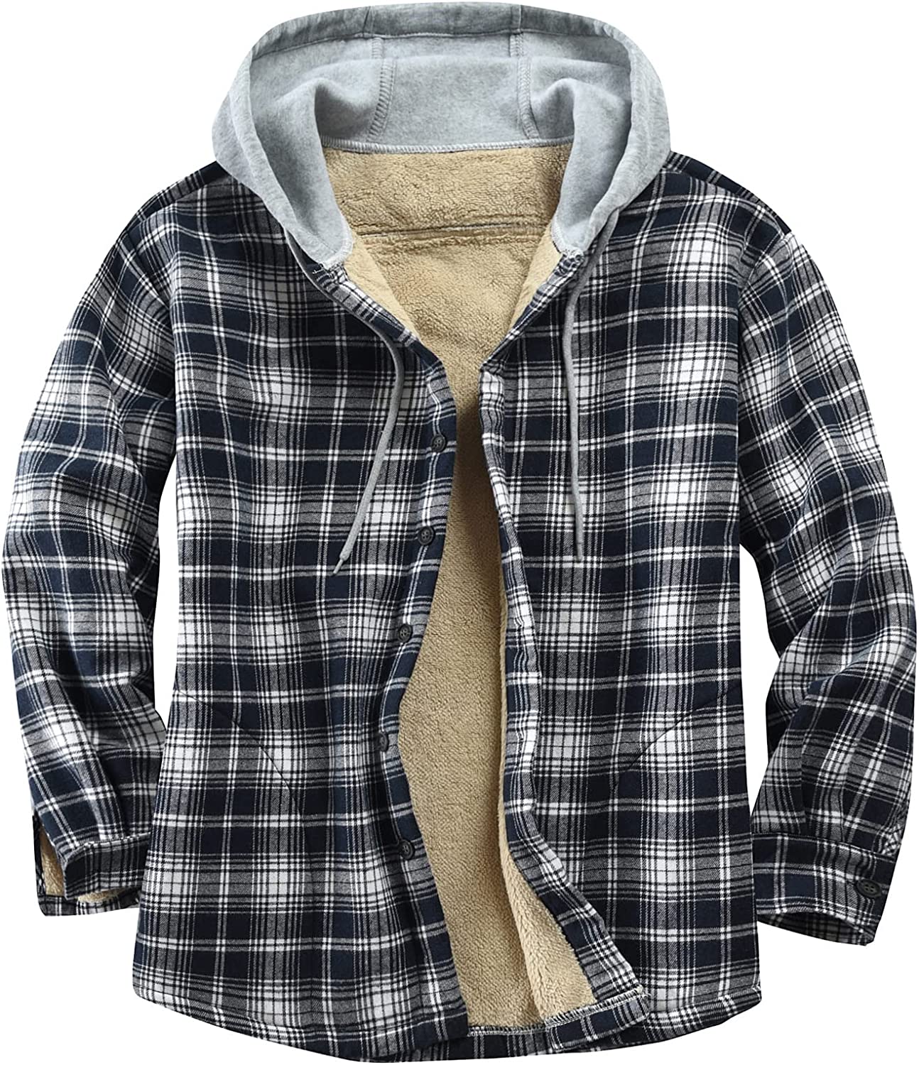 Derbars Men's Cotton Plaid Shirts Jacket Fleece Lined Flannel Shirts ...