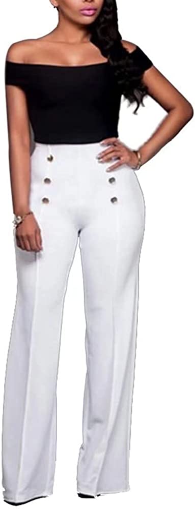 Women's Stretchy High Waisted Wide Leg Button-Down Pants Sailor