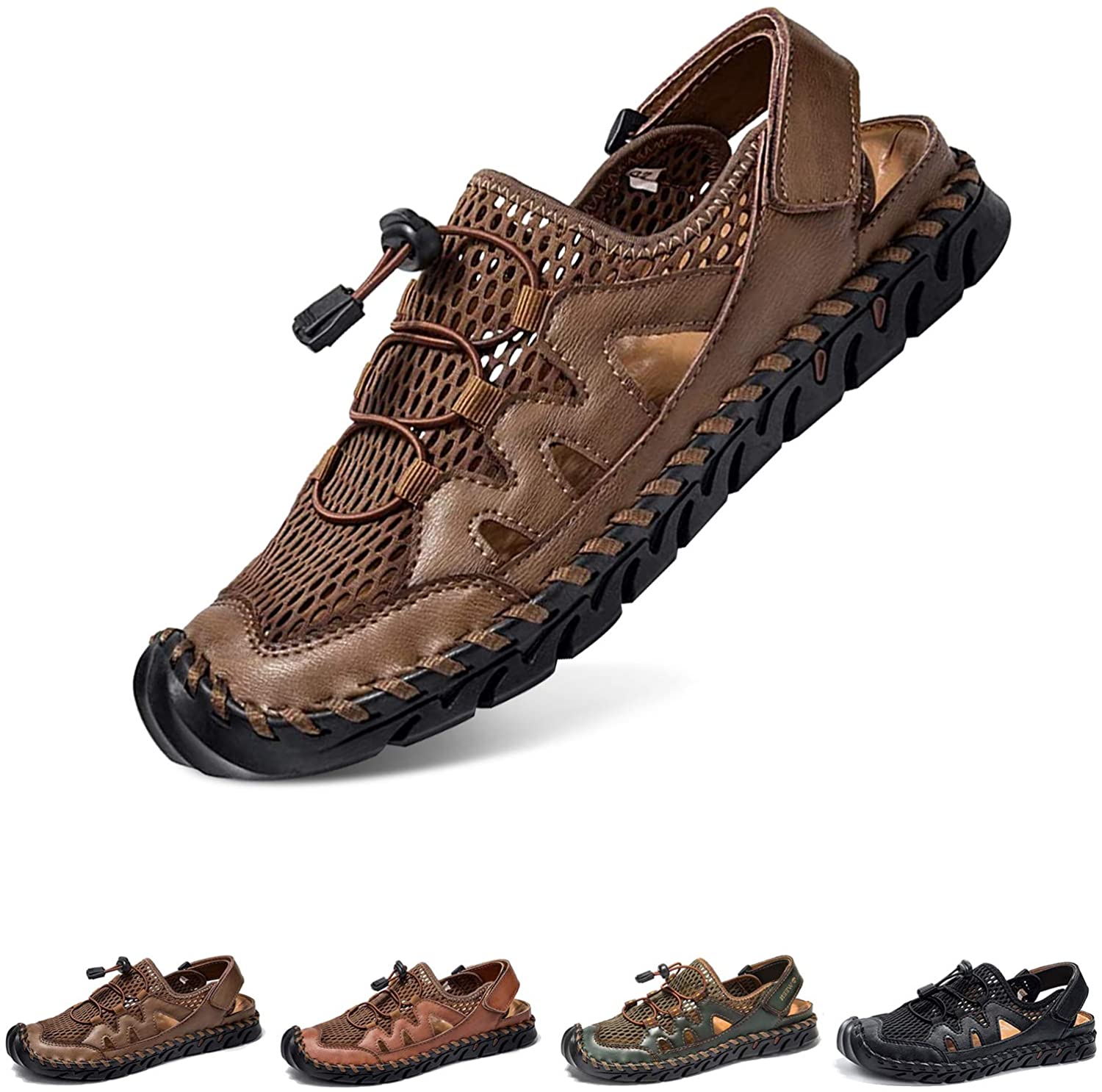 Summer Closed-Toe Beach Shoes Yaer Mens Outdoor Leather Sandals 